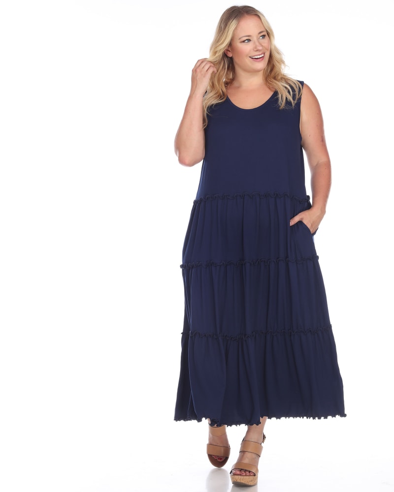 Front of a model wearing a size 3X Scoop Neck Tiered Midi Dress in Navy by White Mark. | dia_product_style_image_id:246722